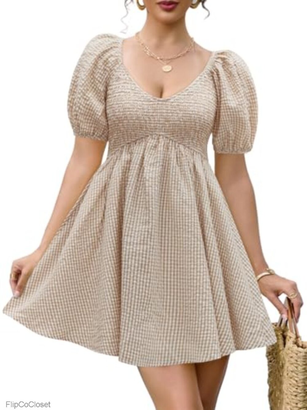 Women's Babydoll Mini Dress Puff Sleeve Smocked Empire Waist